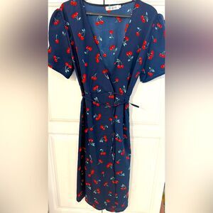 Cherry Print Wrap Midi Dress - Midnight Blue 
one size